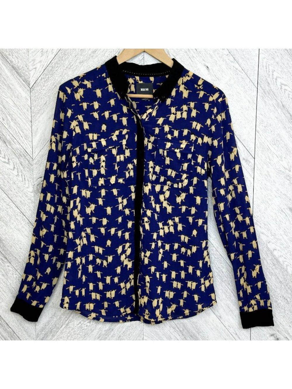 Anthropologie Maeve Blue Penguin Novelty Print Blouse Long Sleeve Womens Size 4